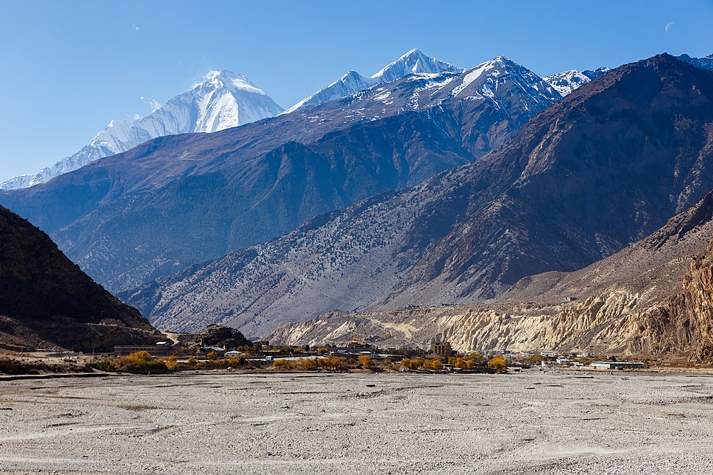 view of the Himalayas, Dhaulagiri and town Jomsom.